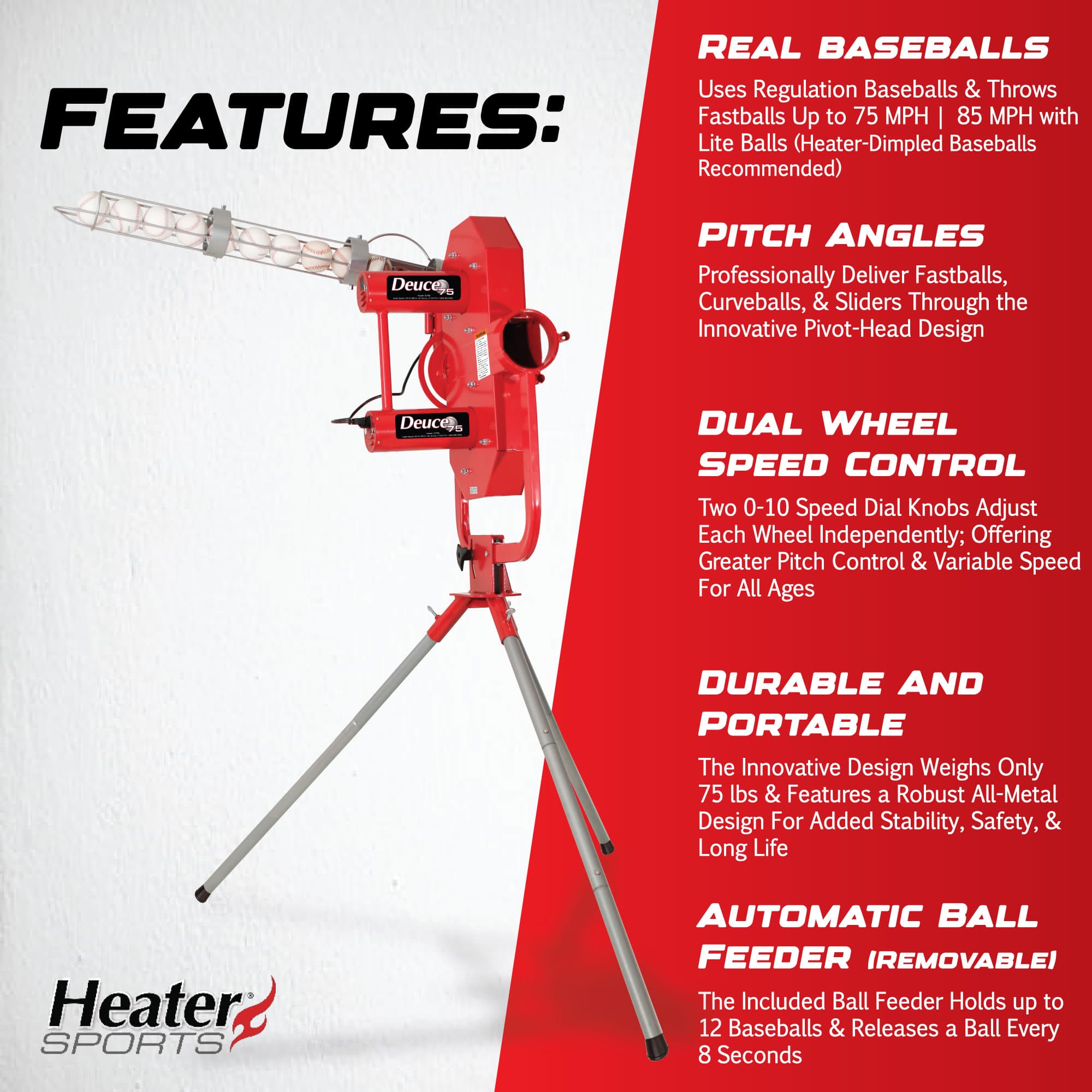 Deuce 75 MPH Heavy Duty Dual Wheel Baseball Pitching Machine
