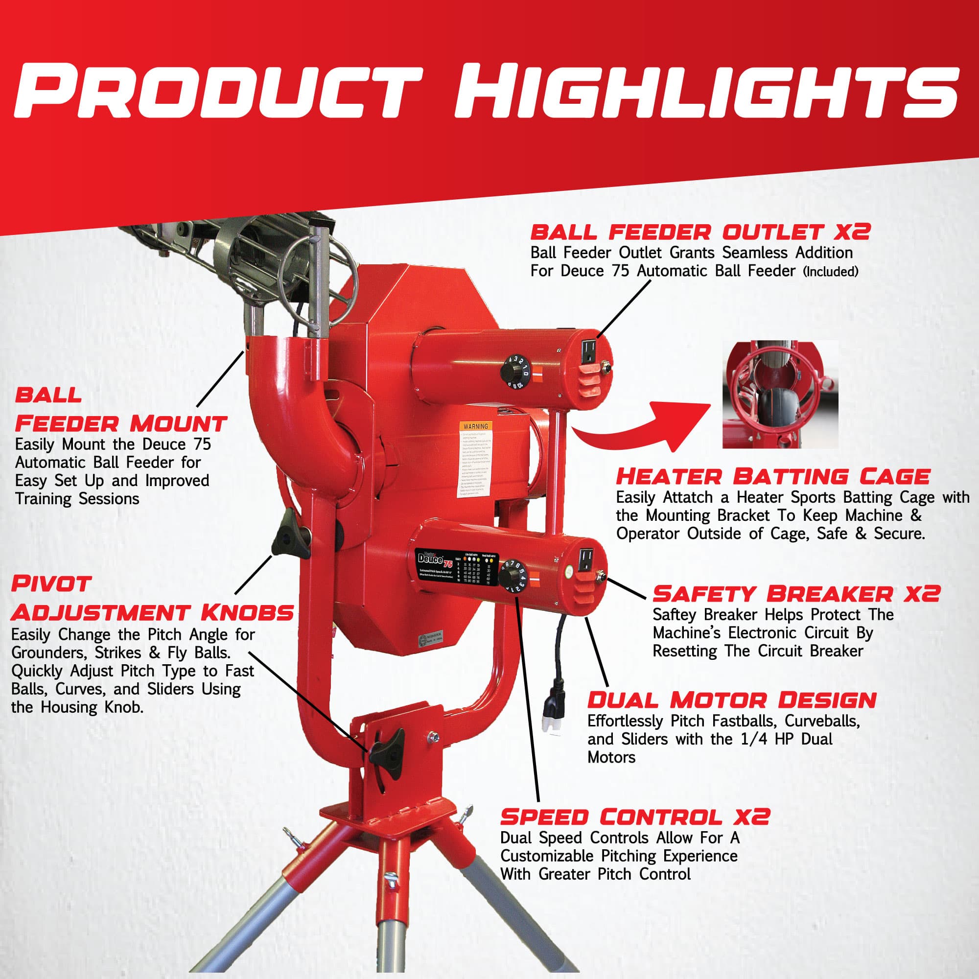 Deuce 75 MPH Heavy Duty Dual Wheel Baseball Pitching Machine